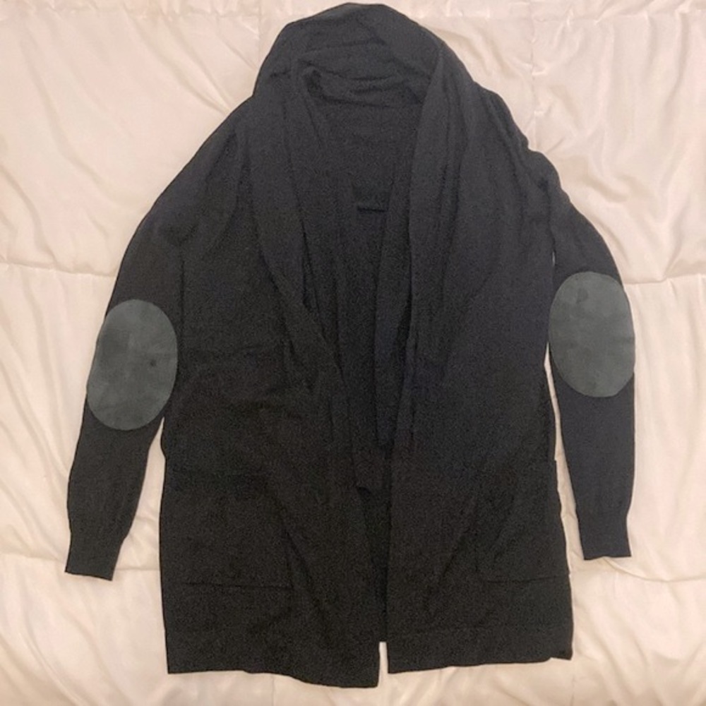 Theory Womens Wool Blend Built in Scarf Open Front Elbow Patch Cardigan SizeP/PT
